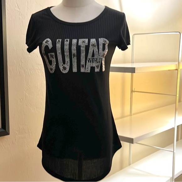 VTG Shan,Luxury Black Graphic Collectors Tee Shirt,Silver 'Guitar' Print,Size M - Picture 1 of 9